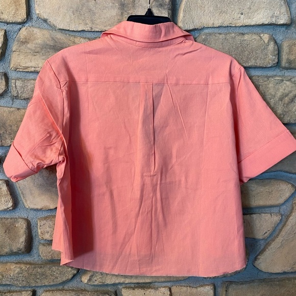 Shore Women’s Coral Button-Up Cropped Short Sleeve Shirt Linen Viscose NEW small - Picture 2 of 12